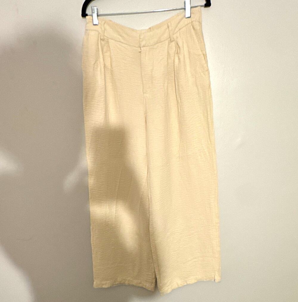 A New Day Women’s Beige Seersucker Cotton Pleated Wide-Leg Pants Pockets size 10